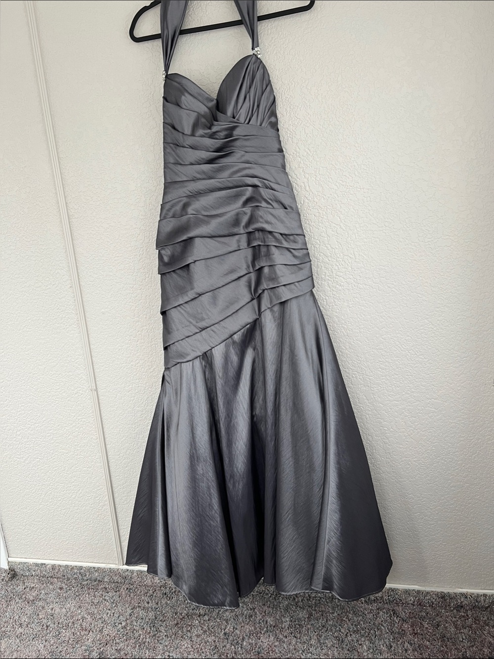 Alexia Designs Taffeta Silver-Gray Halter Ruched Mermaid Gown